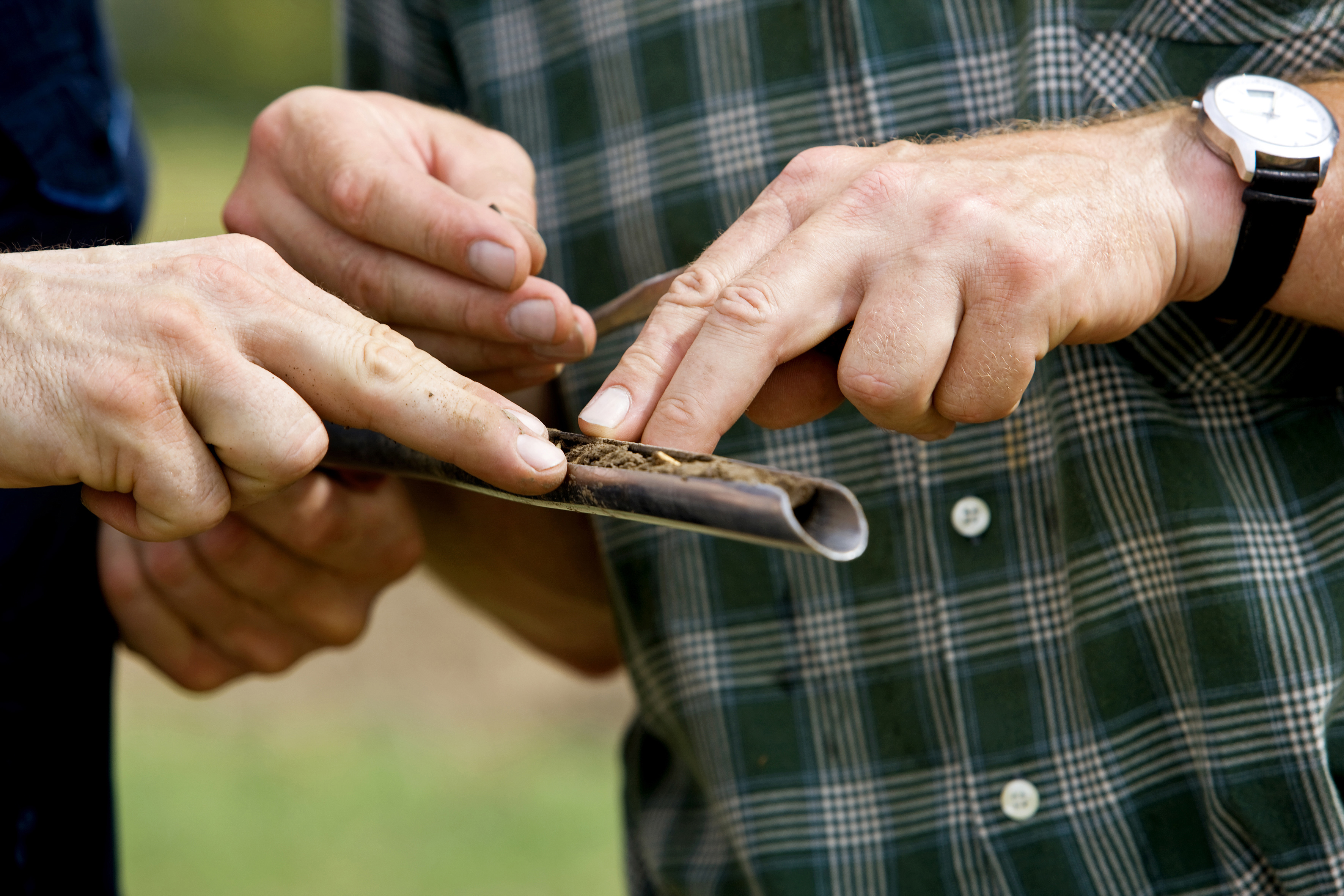 Two sets of hands with a soil sample