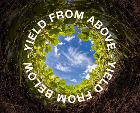 POV: looking up from a hole in the ground encircled with the words "Yield From Above, Yield From Below"