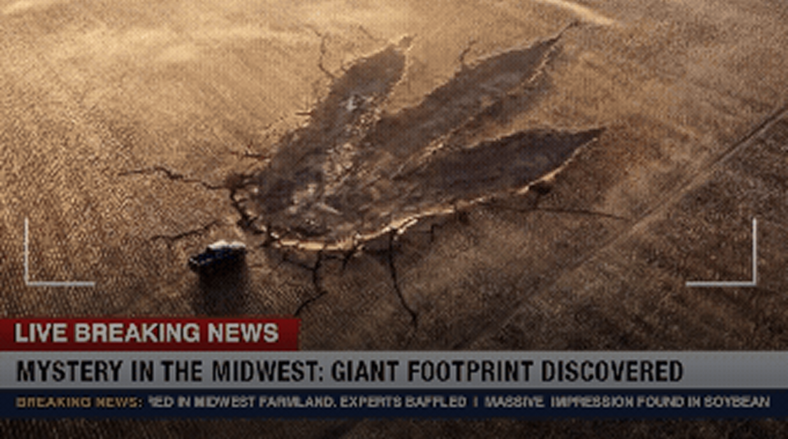 A dinosaur footprint in the middle of a wheat field