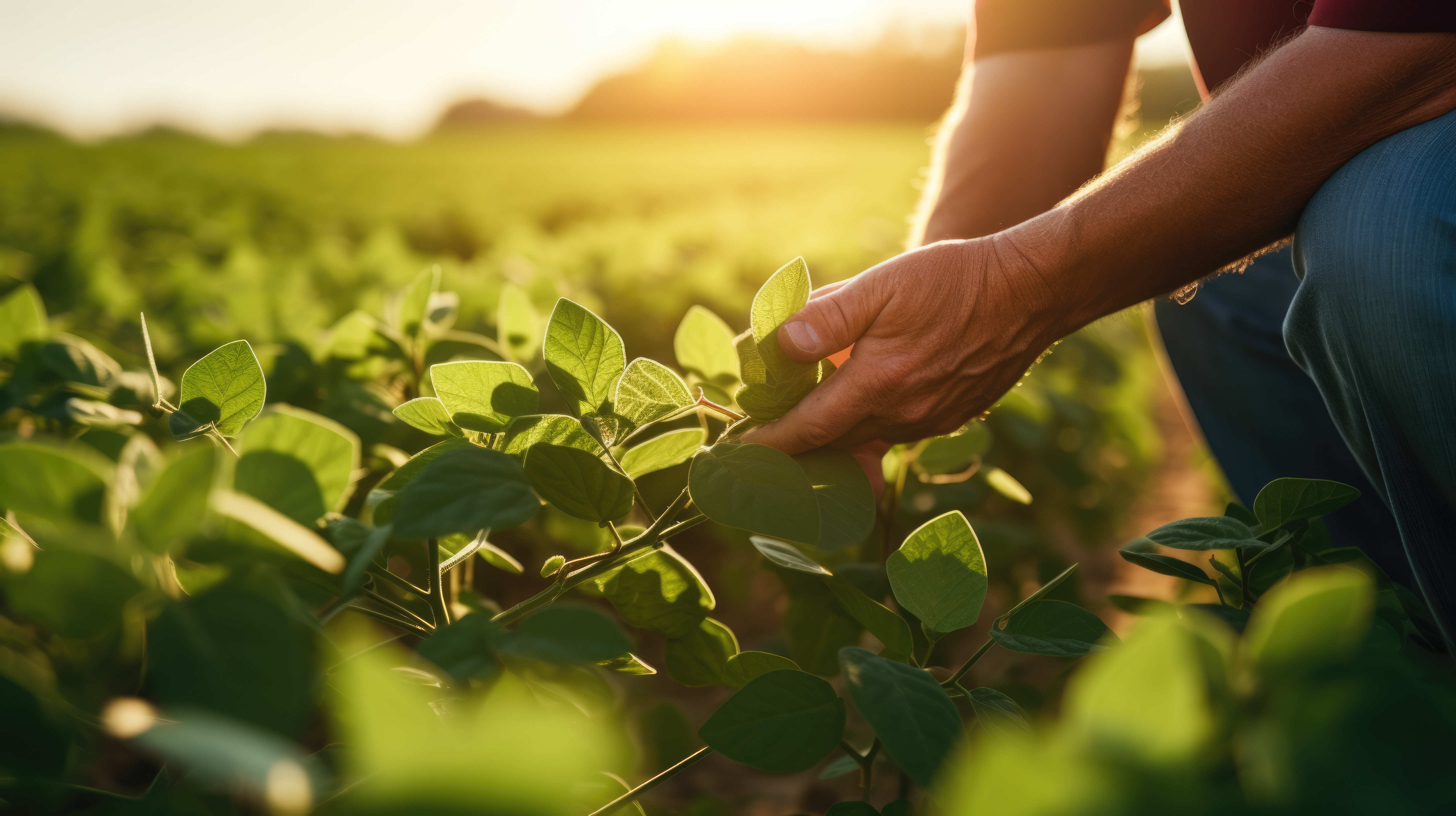 Hands touching soybean leaves