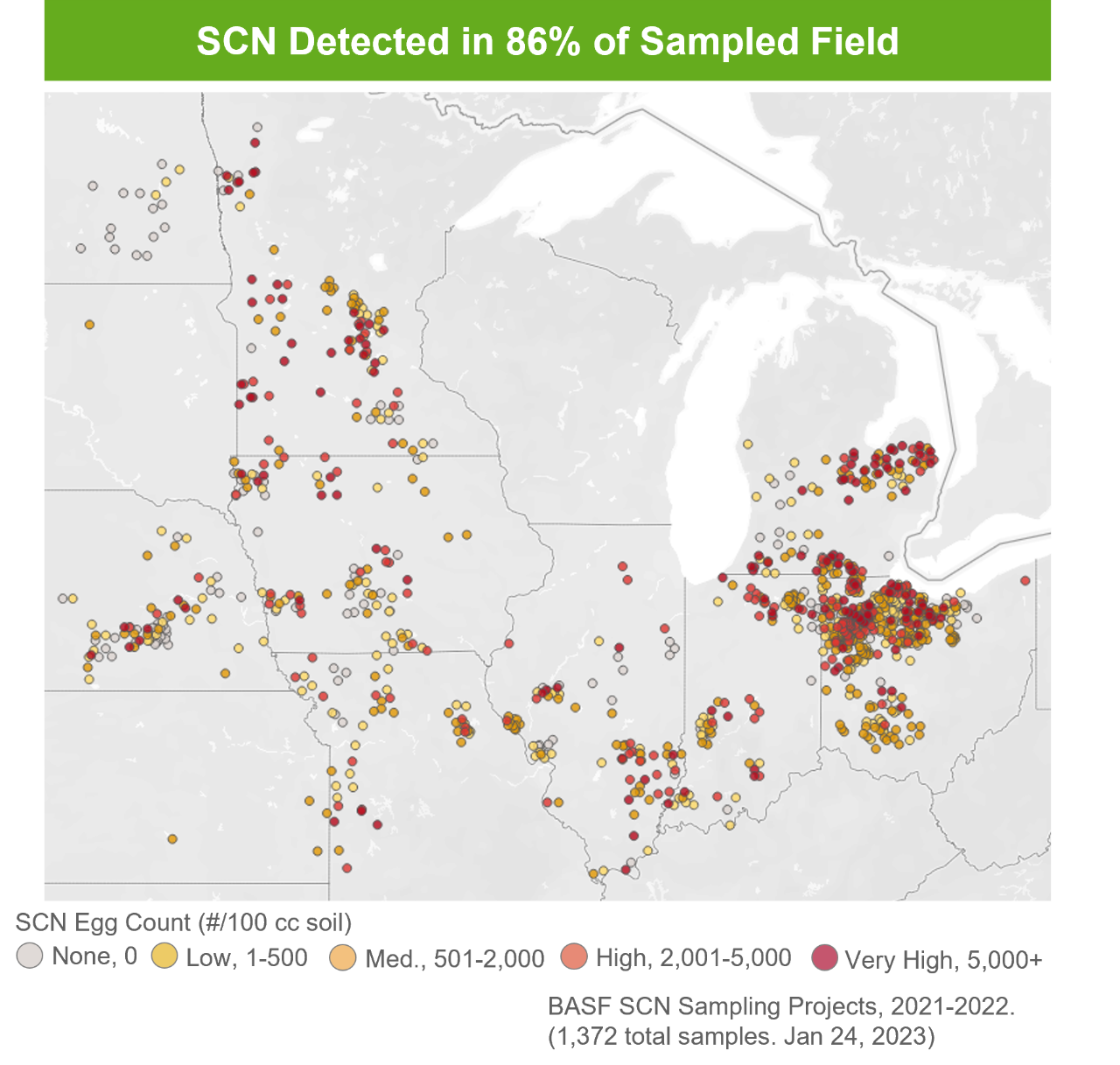 Soybean Cyst Nematode was detected in 86% of sampled fields.